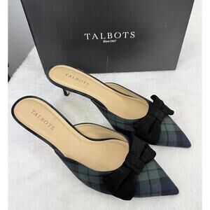 Talbots Shoes 11 Womens Erica Bow Mules Heels Black Watch Plaid Blue Green